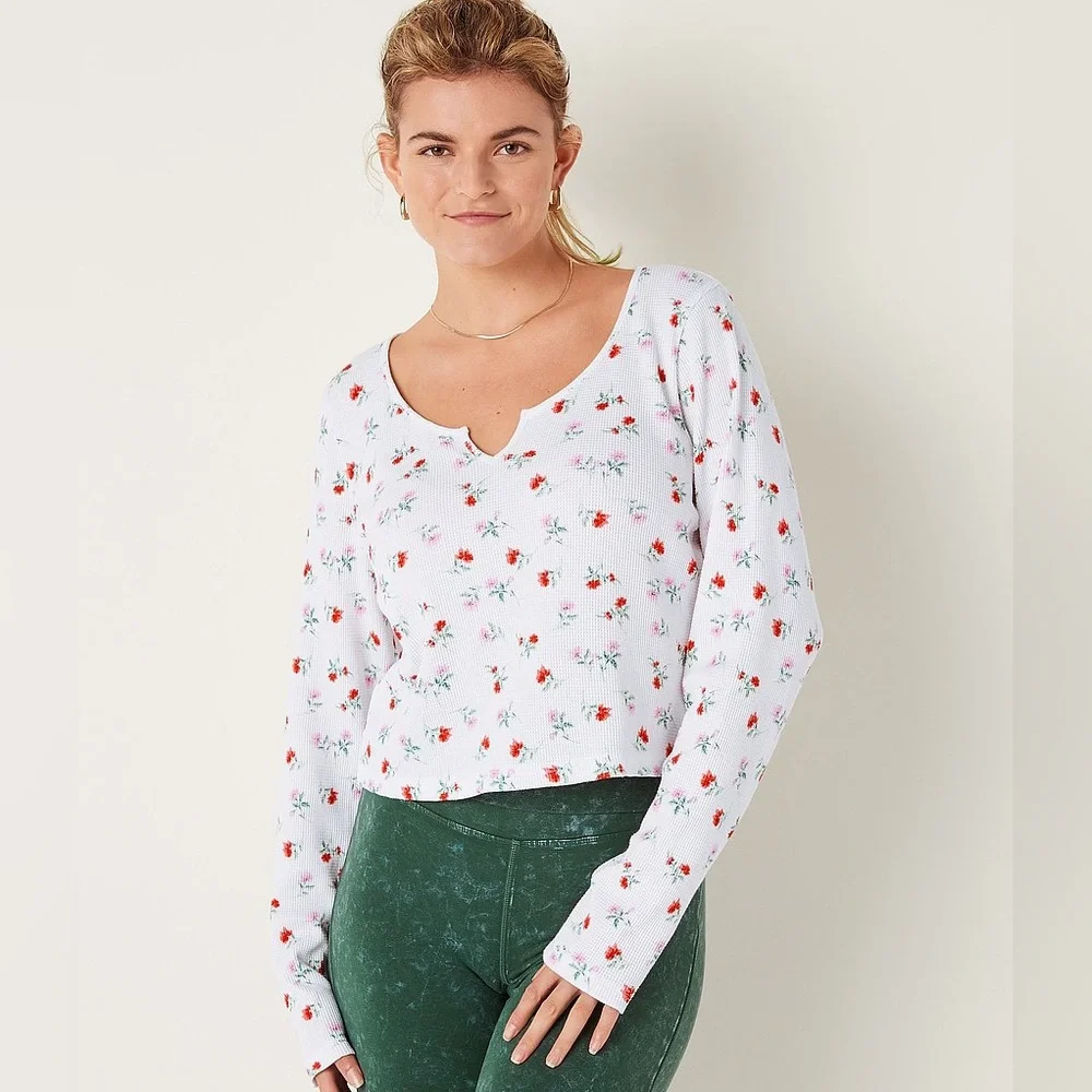VS VICTORIAS SECRET PINK SHRUNKEN THERMAL NOTCH LONG SLEEVE TEE TOP FLORAL XL